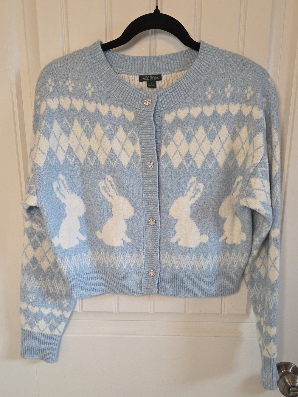 🐇 Light Blue and White Bunny Argyle Cardigan With Rhinestone Buttons